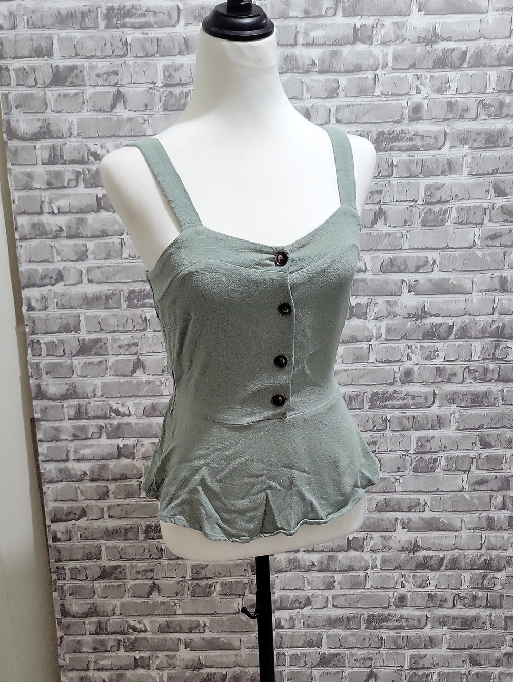 Monteau Smocked sage green peplum Linen Blend Babydoll tank top Sz S, Y2k